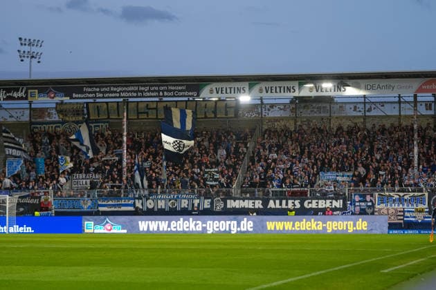 Germany Soccer 3rd Division 2026–2027, Matchday 7: SV Wehen Wiesbaden vs. MSV Duisburg at Brita Arena, Wiesbaden—spectators, fans, stands, flag, banner, chant, choreography, fan choreography, by MSV Duisburg Copyright: xTobiasxWentzellx