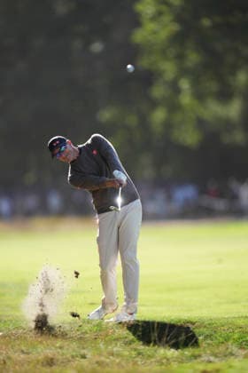 VIRGINIA WATER, ENGLAND - SEPTEMBER 20: Adam Scott (AUS) plays from the fifteenth fairway during Round 4 at the BMW PGA, Golf Herren Championship at Wentworth Golf Club, Virginia Water on September 20, 2026 in Surrey, England The BMW PGA Championship