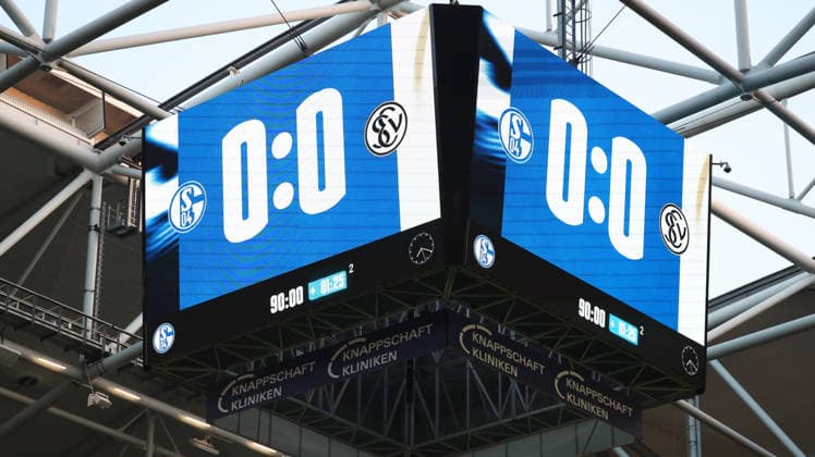 September 20, 2026, xrekx, Soccer, Bundesliga 1, FC Schalke 04 vs. SV Elversberg, Scoreboard, Video Wall, Scoreboard, Info, Advertising; stock photo, stock image, stock stadium; symbolic photo, symbolic image, symbolic stadium; DFL and DFB regulations prohibit any use of photographs as image sequences and or quasi-video; Gelsenkirchen