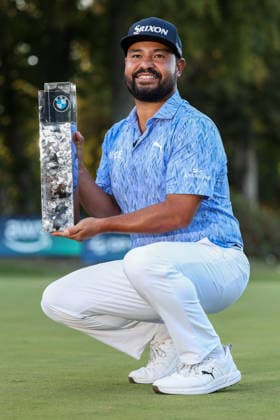 RECORD DATE NOT STATED 20th September 2026; Wentworth Golf Club, Virginia Water, Surrey, England; DP World Tour Golf, BMW PGA, Golf Herren Championship, Final Day; JJ Spaun of USA poses with the trophy after his victory in the BMW PGA Championship at Wentworth Golf Club HenningxVonxJagow