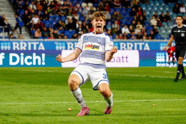 September 20, 2026, xavx, Soccer 3rd Division, SV Wehen Wiesbaden vs. MSV Duisburg, Frederik Christensen of MSV Duisburg celebrates the goal, The goal celebration after the 0–3 win over Wiesbaden