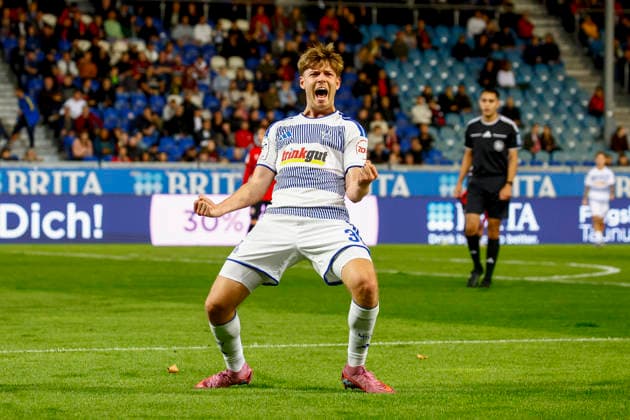 September 20, 2026, xavx, Soccer 3rd Division, SV Wehen Wiesbaden vs. MSV Duisburg, Frederik Christensen of MSV Duisburg celebrates the goal, The goal celebration after the 0–3 win over Wiesbaden