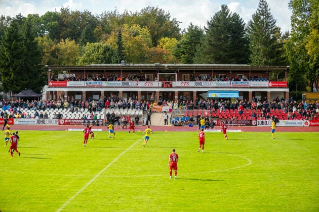 View of the main grandstand at Greifswald s Volksstadion during the GFC vs. FSV Luckenwalde game (GER), soccer, men s, Northeast Regional League, 2026–2027 season, Matchday 9, Greifswalder FC vs. FSV 63 Luckenwalde