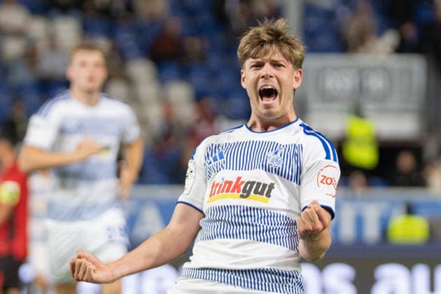 Germany Soccer 3rd Division 2026–2027, Matchday 7: SV Wehen Wiesbaden vs. MSV Duisburg at Brita Arena, Wiesbaden. Goal and celebration following the 0–3 score by Frederik Christensen (MSV), 3 Copyright: xTobiasxWentzellx