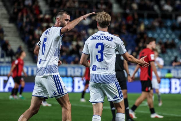 Sports, Soccer, 3rd Division, 2026–2027 Season, Matchday 7: SV Wehen Wiesbaden vs. MSV Duisburg, September 20, 2026, BRITA Arena: MSV Duisburg celebrates after Frederik Christensen scores to make it 3–0; the three players are celebrating in Wiesbaden at the BRITA Arena in Hesse, Germany