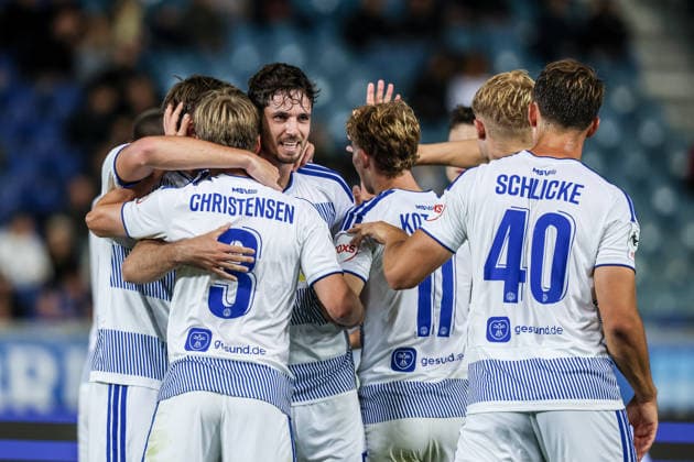 Sports, Soccer, 3rd Division, 2026–2027 Season, Matchday 7: SV Wehen Wiesbaden vs. MSV Duisburg, September 20, 2026, BRITA Arena: MSV Duisburg celebrates after Frederik Christensen scores to make it 3–0; the players are celebrating in Wiesbaden at the BRITA Arena, Hesse, Germany