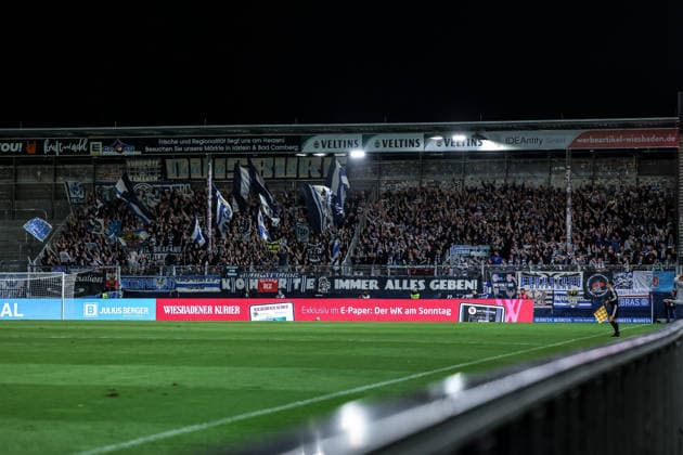 Sports, Soccer, 3rd Division, 2026–2027 Season, Matchday 7: SV Wehen Wiesbaden vs. MSV Duisburg, September 20, 2026, BRITA Arena; MSV Duisburg and Wiesbaden fans at the BRITA Arena in Hesse, Germany