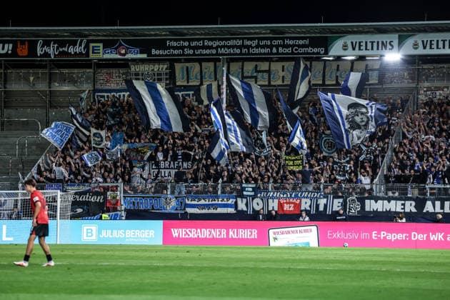 Sports, Soccer, 3rd Division, 2026–2027 Season, Matchday 7: SV Wehen Wiesbaden vs. MSV Duisburg, September 20, 2026, BRITA Arena; MSV Duisburg and Wiesbaden fans at the BRITA Arena in Hesse, Germany