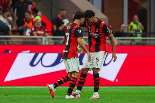 Christian Pulisic of AC Milan celebrates after scoring a goal with Koni De Winter of AC Milan during Serie A Enilive 2026 27 football match between AC Milan and US Lecce. Italy Copyright: xBEAUTIFULxSPORTS Carabellix