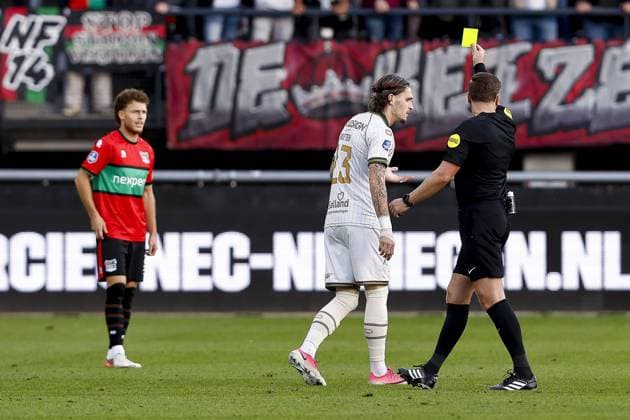 NIJMEGEN , 20-09-2026 , Stadium De Goffert , season 2026 2027 , Dutch Eredivisie football . match between NEC Nijmegen and Go Ahead Eagles, Final result 1-1, Picture shows yellow card GA Eagles player Thibo Baeten NEC - Go Ahead Eagles  x207340473x Copyright: