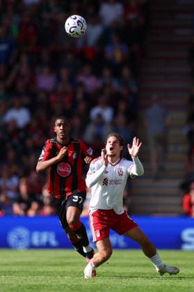 Bournemouth, England, 20th September 2026. Rayan of AFC Bournemouth and Milos Kerkez of Liverpool challenge for the ball during the AFC Bournemouth vs Liverpool Premier League match at the Vitality Stadium, Bournemouth. Picture credit should read: Paul Terry Sportimage EDITORIAL USE ONLY. No use with unauthorised audio, video, data, fixture lists, club league logos or live services. Online in-match use limited to 120 images, no video emulation. No use in betting, games or single club league player publications. SPI_085_PT_Bournemouth_Liverpool SPI-5013-0083