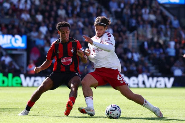 Bournemouth, England, 20th September 2026. Tyler Adams of AFC Bournemouth and Milos Kerkez of Liverpool challenge for the ball during the AFC Bournemouth vs Liverpool Premier League match at the Vitality Stadium, Bournemouth. Picture credit should read: Paul Terry Sportimage EDITORIAL USE ONLY. No use with unauthorised audio, video, data, fixture lists, club league logos or live services. Online in-match use limited to 120 images, no video emulation. No use in betting, games or single club league player publications. SPI_121_PT_Bournemouth_Liverpool SPI-5013-0121