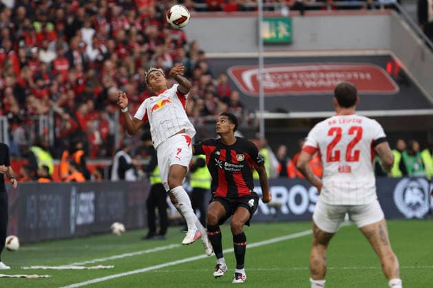 Antonio Nusa of RB Leipzig and Jarell Quansah of Bayer 04 Leverkusen battle for the ball during the Bundesliga match between Bayer 04 Leverkusen and RB Leipzig at BayArena on September 20, 2026, in Leverkusen, Germany Photo by Oliver Kaelke, DeFodi Images Antonio Nusa of RB Leipzig and Jarell Quansah of Bayer 04 Leverkusen battle for the ball during the Bundesliga match between Bayer 04 Leverkusen and RB Leipzig at BayArena on September 20, 2026 in Leverkusen, Germany. Photo by Oliver Kaelke, DeFodi Images. DFB and DFL regulations prohibit any use of photographs as image sequences and or quasi-video. Photo by Oliver Kaelke, DeFodi Images.