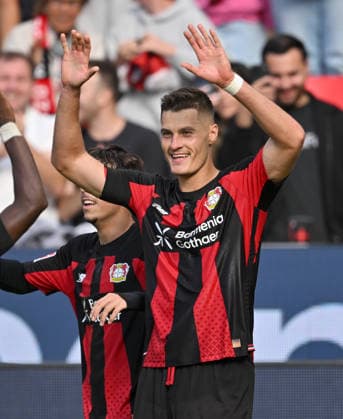 Patrik Schick celebrates; Bayer Leverkusen soccer; Bundesliga Matchday 4; Bayer 04 Leverkusen vs. RB Leipzig; September 20, 2026, in Leverkusen, Germany. DFL regulations prohibit any use of photographs as image sequences and or quasi-video.