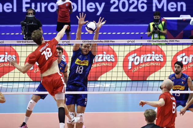IPA88775799 - Monster block by 18 Giovanni Sanguinetti (Italy) during the Round of 16 match of the CEV Enel EuroVolley 2026 between Italy and Denmark at PalaVela in Turin, Italy, on September 20, 2026, during the Italy vs. Denmark match, CEV EuroVolley Men’s match in Turin, Italy, September 20, 2026  Copyright: xValerioxOrigo IPAxSportx xx IPA88775799