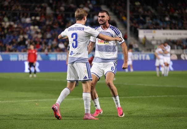 September 20, 2026, Soccer 3rd Division, SV Wehen Wiesbaden vs. MSV Duisburg, from left: Goal celebration after the 0–3 goal by Frederik Christensen (MSV Duisburg) and Rasim Bulic (MSV Duisburg), Goal celebration; celebrating the goal. DFL and DFB regulations prohibit any use of photographs as image sequences and or quasi-video. xdcx Copyright: HMBxMedia Claus