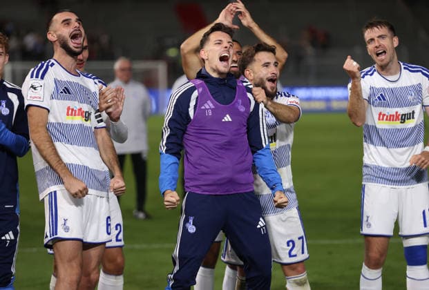 September 20, 2026, Soccer 3rd Division, SV Wehen Wiesbaden vs. MSV Duisburg, from left: Conor Noß of MSV Duisburg celebrating, cheering, rejoicing, celebrating. DFL and DFB regulations prohibit any use of photographs as image sequences and or quasi-video. xdcx Copyright: HMBxMedia Claus