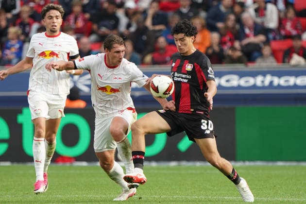 Leverkusen Soccer, 2026–2027 Bundesliga Season: Bayer 04 Leverkusen vs. RB Leipzig, September 20, 2026, BayArena, Leverkusen; Willi Orban (RB Leipzig, Hungary, HUN); Ibrahim Maza (Bayer 04 Leverkusen)