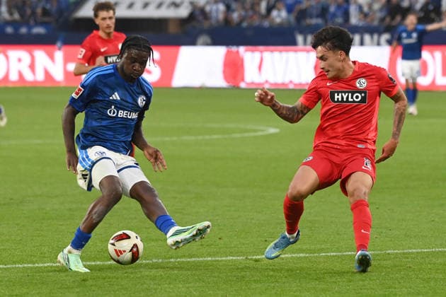 Junior DINA EBIMBE GE vs. Nicholas MICKELSON Elversberg Action, Tackle, FC Schalke 04 vs. SV 07 Elversberg 0–0 Soccer 1 Bundesliga, Matchday 3, matchday3, Spieltag3, on September 20, 2026, at the Veltins Arena in Gelsenkirchen, Germany. DFL regulations prohibit any use of photographs as image sequences and or quasi-video. Â