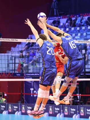 IPA88779148 - Yuri Romano and Pardo Mati (Italy) at the net during the Italy vs. Denmark match at the CEV Eurovolley Men s Championship in Turin, Italy, on September 20, 2026  Copyright: xClaudioxBenedetto IPAxSportx xx IPA88779148