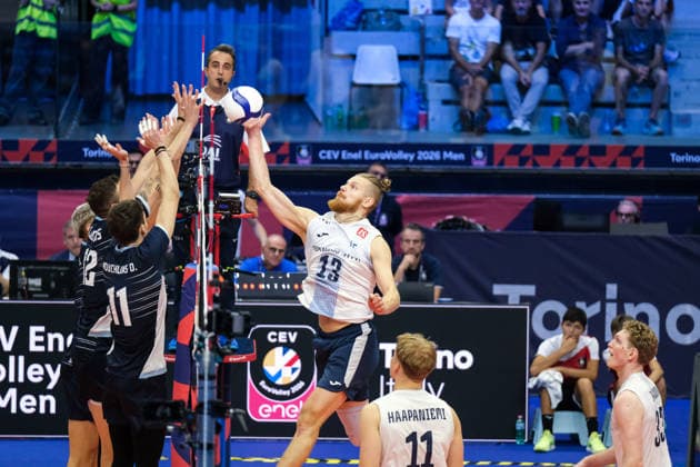 Finland Vs Greece in Turin, Italy - 20 Sep 2026 Joonas Jokela of Finland (R) seen in action during the Final Eight of the CEV Enel EuroVolley 2026 Men s match between Finland and Greece at PalaVela. Finland wins against Greece with a score 3-2. Turin Italy Copyright: xDavidexDixLallax xSOPAxImagesx DDILALLA-1929