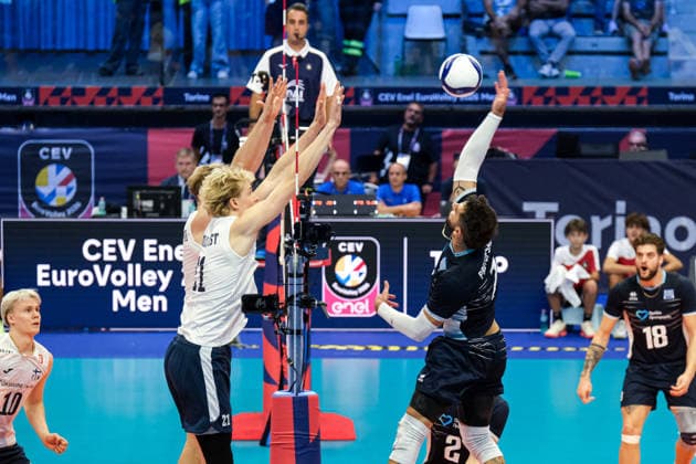 September 20, 2026, Turin, Italy: Athanasios Protopsaltis of Greece (R) seen in action during the Final Eight of the CEV Enel EuroVolley 2026 Men s match between Finland and Greece at PalaVela. Finland wins against Greece with a score 3-2. Finland Vs Greece In Turin, Italy - 20 Sep 2026  - ZUMAs197 20260920_aaa_s197_608 Copyright: xDavidexDixLallax
