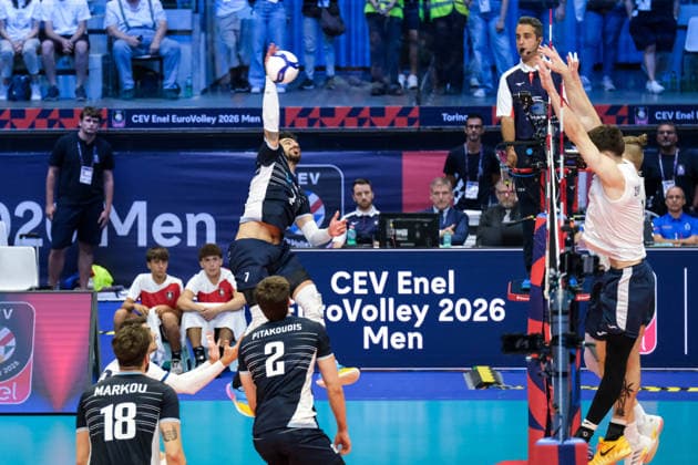 September 20, 2026, Turin, Italy: Athanasios Protopsaltis of Greece seen in action during the Final Eight of the CEV Enel EuroVolley 2026 Men s match between Finland and Greece at PalaVela. Finland wins against Greece with a score 3-2. Turin Italy - ZUMAs197 20260920_aaa_s197_628 Copyright: xDavidexDixLallax
