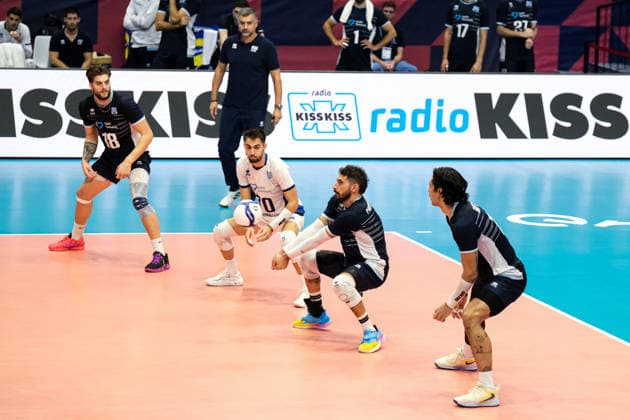 September 20, 2026, Turin, Italy: Athanasios Protopsaltis of Greece (C) seen in action during the Final Eight of the CEV Enel EuroVolley 2026 Men s match between Finland and Greece at PalaVela. Finland wins against Greece with a score 3-2. Turin Italy - ZUMAs197 20260920_aaa_s197_640 Copyright: xDavidexDixLallax