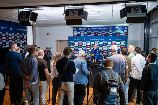 September 21, 2026: Stale Solbakken, head coach of the Norwegian national soccer team, during a press event on September 21, 2026 in Oslo Photo: Vegard Grott BILDBYRAN code VG VG0999 bbeng soccer football fotboll Nations League Norway press event press conference  Copyright: VEGARDxGRoTT BB260921VG002