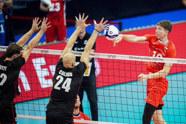 Czechia s Antonin Klimes in action during the eight final match of the CEV Enel Eurovolley 2026, between Belgium and Czechia, at the Palavela in Turin, north west Italy - Monday, September 21, 2026. .  Copyright: xMarcoxAlpozzi LaPressex