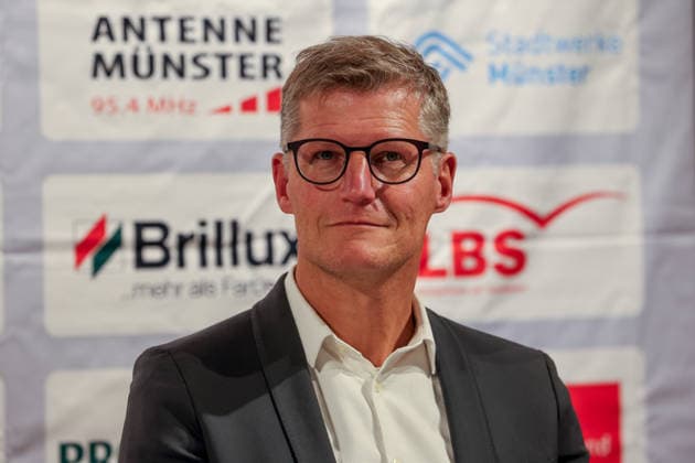 Tilman Fuchs, Alliance 90 The Greens, Mayor of Münster; presentation of the race routes, activities, and statistics for this year’s 20th edition of the bike race. This year, the bike race will start in Borken in Westmünsterland, Borken, North Rhine-Westphalia, DEU, Germany, September 21, 2026. Press conference for the Sparkassen Münsterland Giro