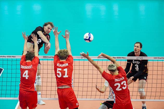 Belgium s Ferre Reggers in action during the eight final match of the CEV Enel Eurovolley 2026, between Belgium and Czechia, at the Palavela in Turin, north west Italy - Monday, September 21, 2026. .  Copyright: xMarcoxAlpozzi LaPressex
