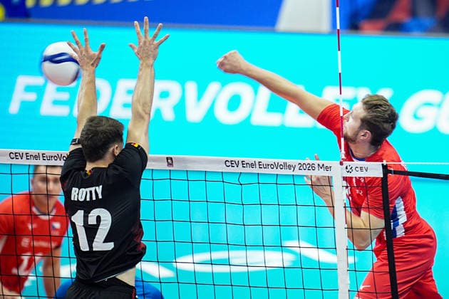 Czechia s Matous Drahonovsky in action during the eight final match of the CEV Enel Eurovolley 2026, between Belgium and Czechia, at the Palavela in Turin, north west Italy - Monday, September 21, 2026. .  Copyright: xMarcoxAlpozzi LaPressex