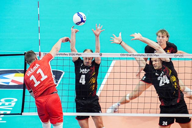 Czechia s Lukas Vasina in action during the eight final match of the CEV Enel Eurovolley 2026, between Belgium and Czechia, at the Palavela in Turin, north west Italy - Monday, September 21, 2026. .  Copyright: xMarcoxAlpozzi LaPressex