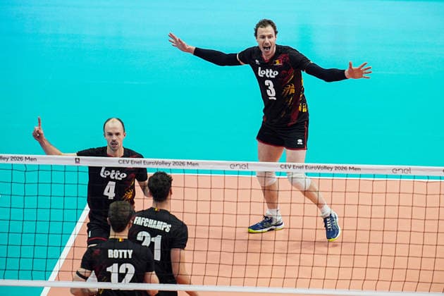 Belgium s Sam Deroo reacts during the eight final match of the CEV Enel Eurovolley 2026, between Belgium and Czechia, at the Palavela in Turin, north west Italy - Monday, September 21, 2026. .  Copyright: xMarcoxAlpozzi LaPressex