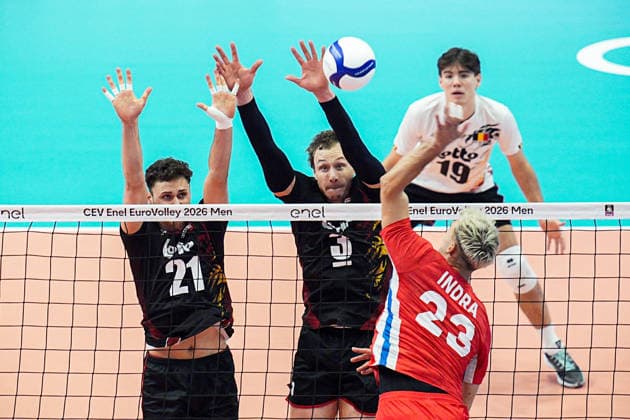 Belgium s Samuel Fafchamps and Belgium s Sam Deroo in action during the eight final match of the CEV Enel Eurovolley 2026, between Belgium and Czechia, at the Palavela in Turin, north west Italy - Monday, September 21, 2026. .  Copyright: xMarcoxAlpozzi LaPressex