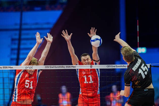 Czechia s Jakub Klajmon and Czechia s Lukas Vasina in action during the eight final match of the CEV Enel Eurovolley 2026, between Belgium and Czechia, at the Palavela in Turin, north west Italy - Monday, September 21, 2026. .  Copyright: xMarcoxAlpozzi LaPressex
