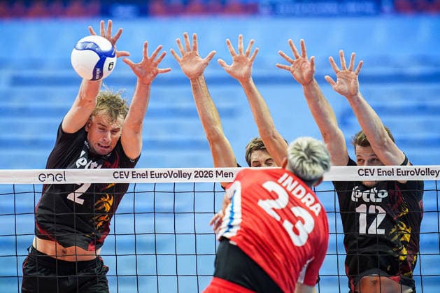 Team Belgium in action during the eight final match of the CEV Enel Eurovolley 2026, between Belgium and Czechia, at the Palavela in Turin, north west Italy - Monday, September 21, 2026. .  Copyright: xMarcoxAlpozzi LaPressex