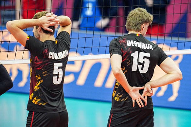 Belgium s Basil Dermaux signe during the eight final match of the CEV Enel Eurovolley 2026, between Belgium and Czechia, at the Palavela in Turin, north west Italy - Monday, September 21, 2026. .  Copyright: xMarcoxAlpozzi LaPressex
