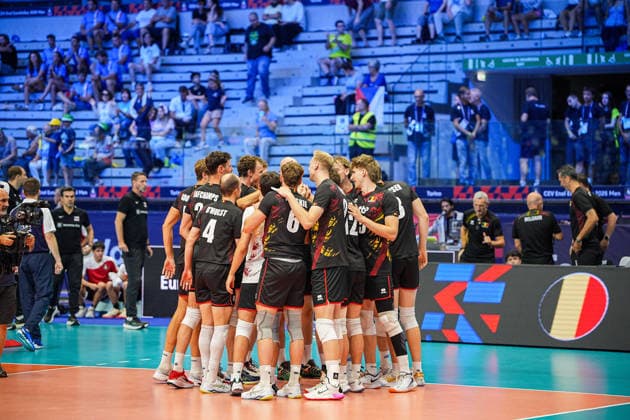 Team Belgium celebrates after winning the eight final match of the CEV Enel Eurovolley 2026, between Belgium and Czechia, at the Palavela in Turin, north west Italy - Monday, September 21, 2026. .  Copyright: xMarcoxAlpozzi LaPressex