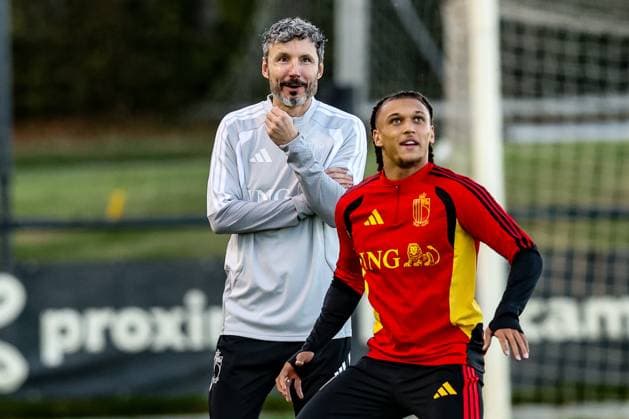 Belgium s Diego Da Silva Moreira and Belgium s head coach Mark van Bommel pictured during a training session of the Red Devils, the Belgian national soccer team, at the national training center in Tubize, Monday 21 September 2026. The team is preparing for fixtures in the UEFA Nations League competition. BRUNOxFAHY  x187324886x