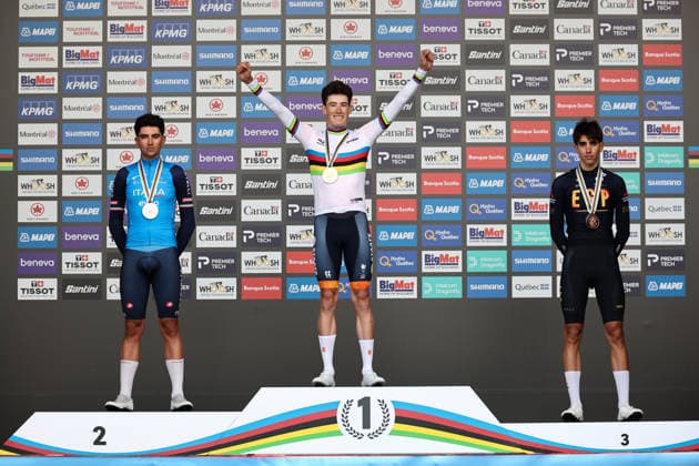2026 UCI Road World Championships Picture by Alex Whitehead SWpix.com - 21 09 2026 - Cycling - 2026 UCI Road World Championships - MontrÃ al, Canada - Men Under-23 Individual Time Trial (ITT) Podium - Ryan Gal (Netherlands) on the podium receiving the Gold Medal to become World Champion, Nicolas Milesi (Italy) receiving the Silver Medal and Hector Alvarez (Spain) receiving the Bronze Medal MontrÃ al Avenue du Parc Canada Copyright: x xSWpix.comx(t axPhotographyxHubxLtd)xAlexxWhitehead SWpix.comx SWP-3521-1095