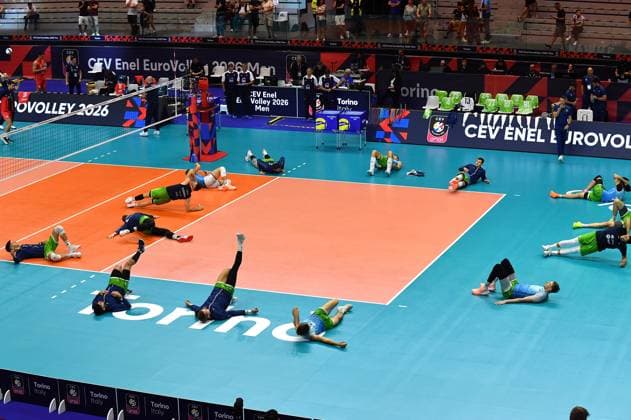 Foto IPP Massimo Rana Torino 21-09-2026 Pallavolo Cev Europei Volley Serbia-Slovenia nella foto riscaldamento della slovenia Italy Photo Press - World Copyright italy ITALY  Copyright: xR4924_italyphotopressx