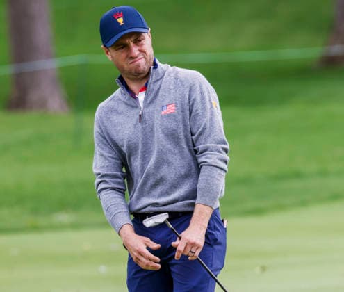 Justin Thomas of the US reacts to a putt on the fourteenth green during practice for the Presidents Cup golf tournament at Medinah Country Club in Medinah, Illinois on Monday, September 21, 2026. Competition between the USA and the International team begins on Thursday, September 24 with Four-Ball play.  MED20260922804 TANNENxMAURY