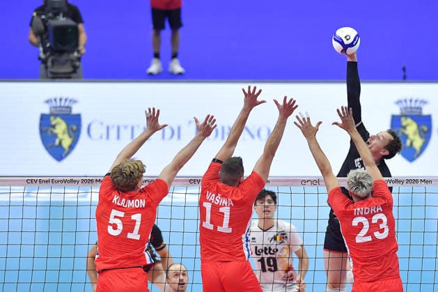 IPA88814662 - Turin, Italy, September 21, 2026, Palavela Turin, CEV Eurovolley Men 2026, Round of 16: Jakub Klajmon 51 (CZE), Lukas Vasina 11 (CZE) Indra Patrik 23 (CZE) in action during the CEV Eurovolley Men 2026 match between Belgium and the Czech Republic (3–1) in Turin at Palavela  Copyright: xTonelloxAbozzi IPAxSportx xx IPA88814662