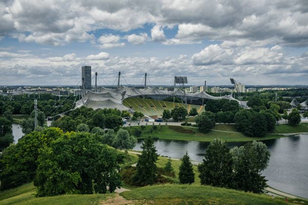 Munich, Germany, Olympic Stadium, Olympic Park, exterior view, archive photo, tent-roof structure, Olympic Lake Copyright: xTomxLauruschkatx