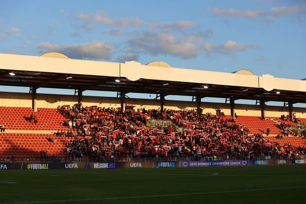 Football Women Uefa Champions League 2026 - 2027 Bayern Munchen vs Manchster City A general view of the Bayern Munchen fans sector during the Women Uefa Champions League 2026 - 2027 football match between Bayern Munchen and Manchester City at Sportpark Stadium in Unterhaching , Bayern , Germany . September 22th , 2026 Copyright: xDavidexEliasx