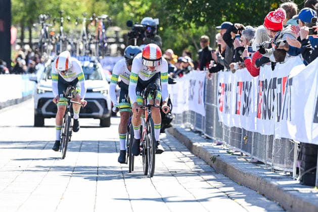 MONTREAL, QC - SEPTEMBER 22: Team Australia men races during the team time trial mixed relay at 2026 UCI Road World Championship, WM, Weltmeisterschaft on September 22, 2026, in Montreal, QC (Photo by David Kirouac Icon Sportswire) CYCLING: SEP 22 UCI Road World Championship EDITORIAL USE ONLY Icon26092201726