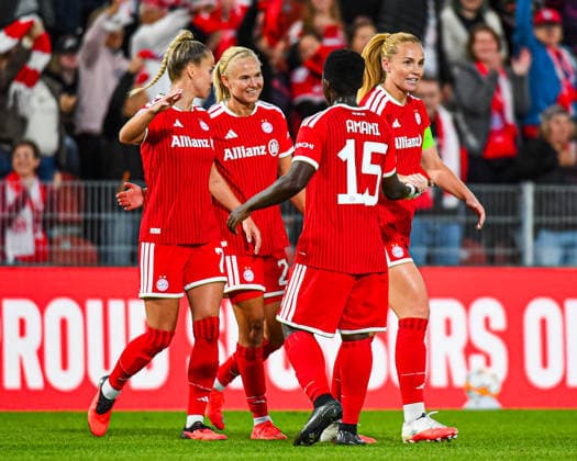 September 22, 2026, Unterhaching, Germany UEFA Women’s Champions League, Matchday 1 of the group stage: FC Bayern Munich Women vs. Manchester City UWCL – FC Bayern Women’s season opener and first UWCL competitive match at their new home, Sportpark Unterhaching. FC Bayern celebrates Giulia Gwinn. FC Bayern Women with Pernille Harder. FC Bayern Women with Bernadette Amani. FC Bayern Women and Glodis Perla Viggosdottir FC Bayern Women