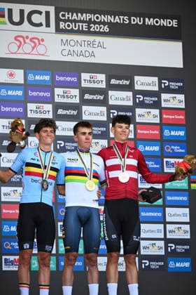 2026 UCI Road World Championships Picture by Zac Williams SWpix.com - 22 09 2026 - Cycling - 2026 UCI Road World Championships - MontrÃ al, Canada - Men Junior Individual Time Trial (ITT) Podium - Benjamin Noval (Spain) wins the Gold Medal to become World Champion with Vic de Smet (Belgium) receiving the Silver Medal and Malthe Risbjerg (Denmark) receiving the Bronze Medal Copyright: x xSWpix.comx(t axPhotographyxHubxLtd)xZacxWilliams SWpix.comx SWP-3521-1609